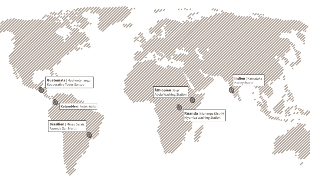 Weltkarte mit den genauen Standorten der Kaffeefarmen